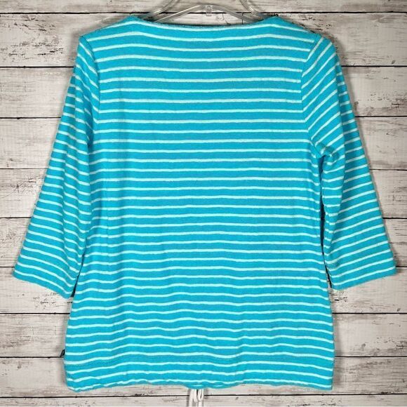TALBOTS Striped Terry Cloth Top Drawstring Hem Turquoise White MP - Picture 3 of 7